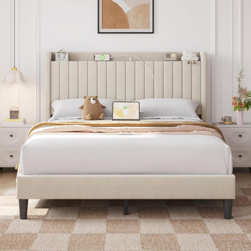 Queen Bed Frame with USB Charging Station and Storage Shelf/Upholstered Headboard Platform Bed with Wing Side/Wooden