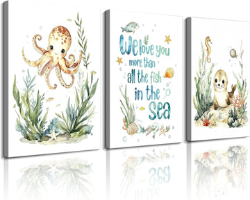 Framed Ocean Nursery Canvas Wall Art, Cute Sea Animals with Quote, Set of 3, 12x16 Inch, Kids Room Decor