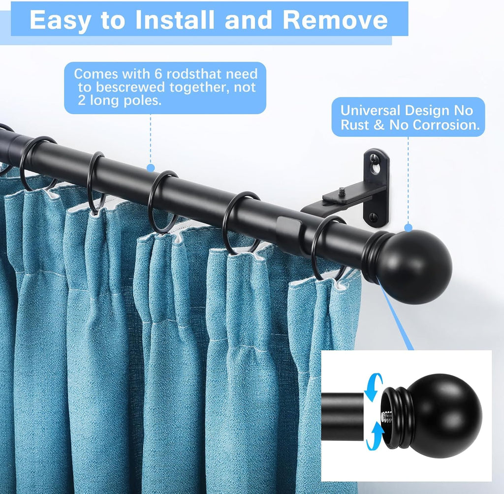 Curtain Rods for Windows 16 to 92 Inches, Curtain Rod Max Adjustable Length of 104 IN, 1" Diameter Drapery Rods Round