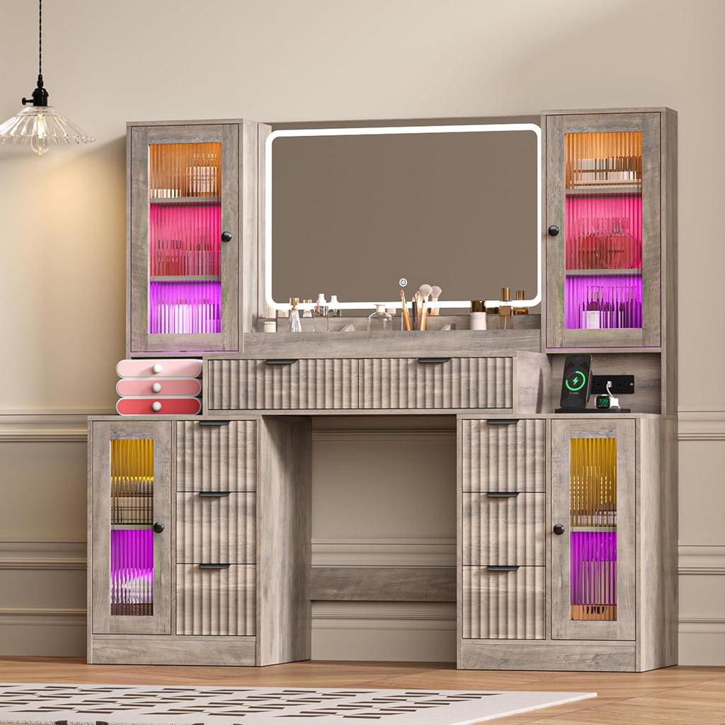 Fluted Makeup Vanity Desk with Mirror and Lights, 55" Glass Top Vanity with 8 Drawers & 4 RGB Glass Cabinets