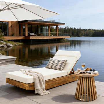 Modern Acacia Wood Outdoor Chaise Lounge with Dark Gray Water-Repellent Cushion & Integrated Headrest, Adjustable