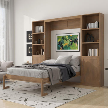 Queen Murphy Bed with Storage, Solid Wood Foldable Wall Platform Bed Frame with Storage Shelves and Cabinets for