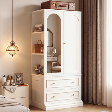 Armoire Wardrobe Closet with Full Length Mirror, 3 Open Shelves | 71" Freestanding Bedroom Armoire with 2 Drawers, 3