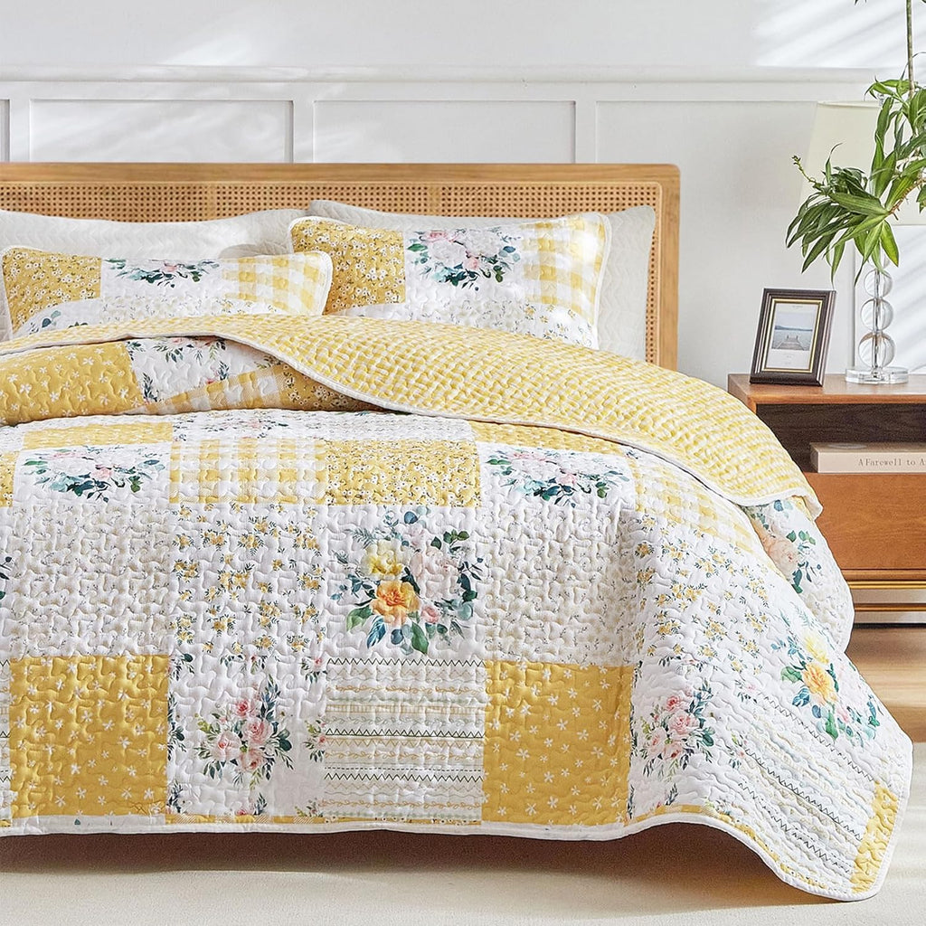 3 Pieces Floral Patchwork Quilt Set Queen, Yellow White Flowers Design, Soft Cozy Microfiber Quilt, Bedspread Bed