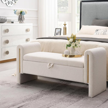 Upholstered Storage Ottoman, Teddy Fabric Bench with Solid Wood Legs, Comfortable Foot Rest Stool, Storage Bench End