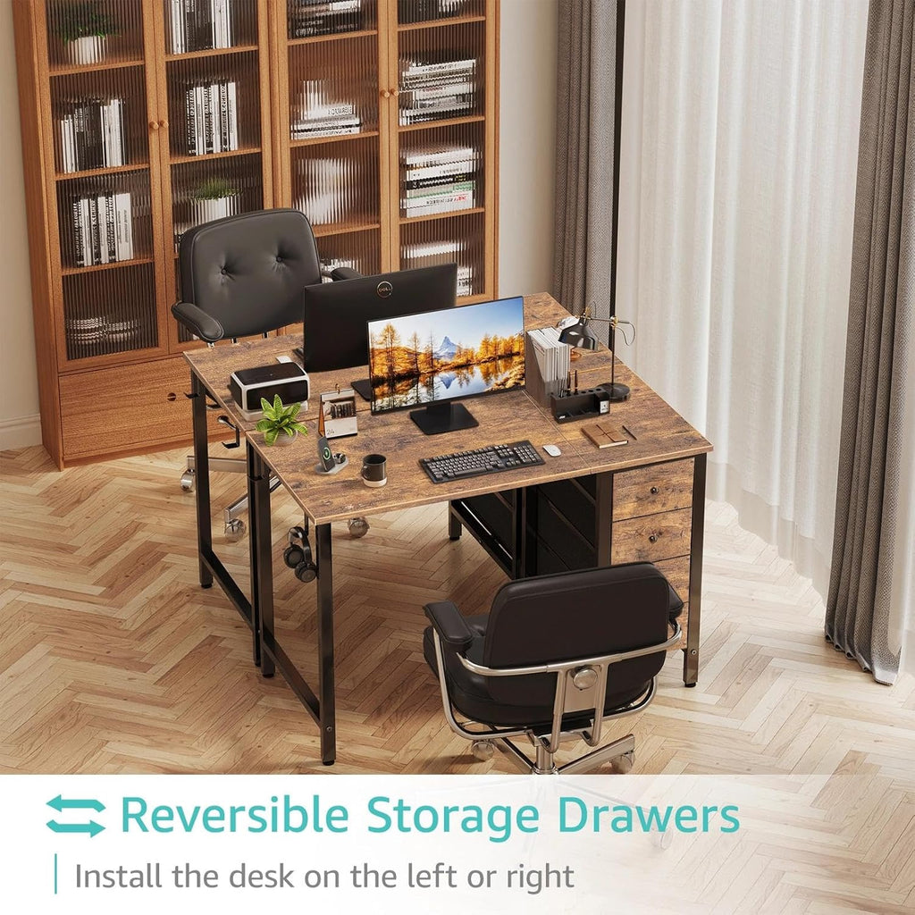 47 inch Computer Desk with 4 Drawers, Reversible Writing Work Study Desk Bedroom, Modern Simple Student PC Desks