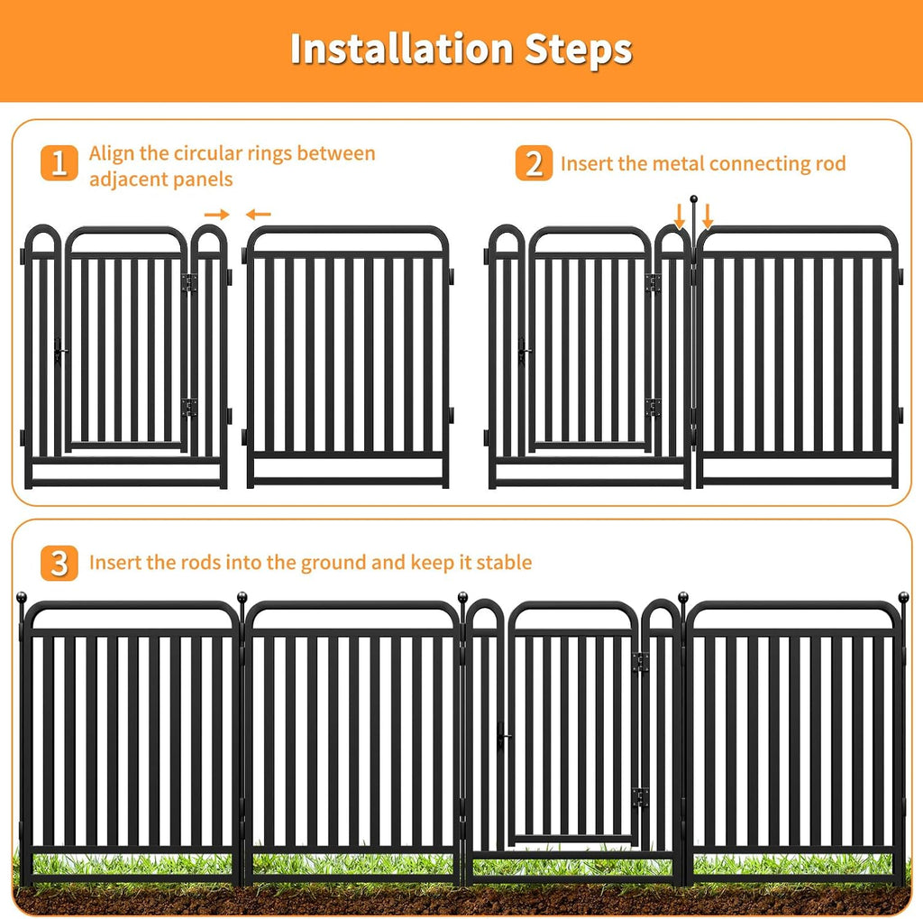 Thickened Metal Tube Garden Fence, Animal Barrier Fence with Low Threshold Gate, 32in(H) 8 Panels Rustproof Garden
