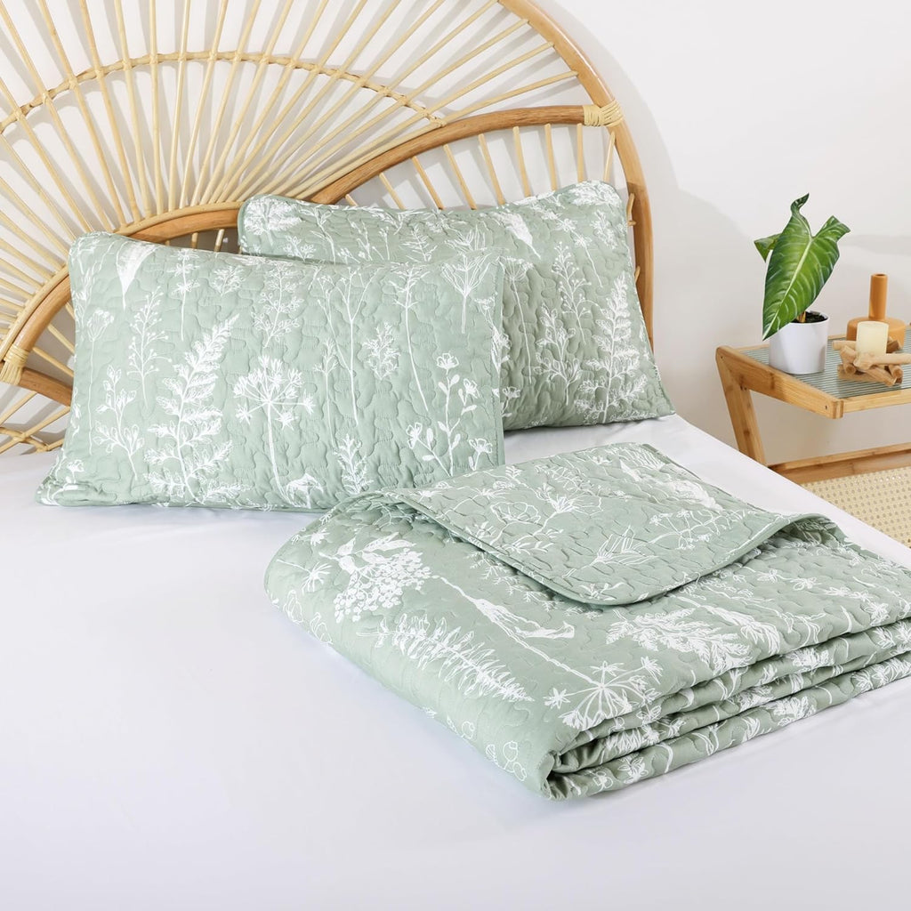 Quilts Sage Green Quilt Botanical with Floral Pattern Microfiber Bedspreads 3 Pieces Lightweight