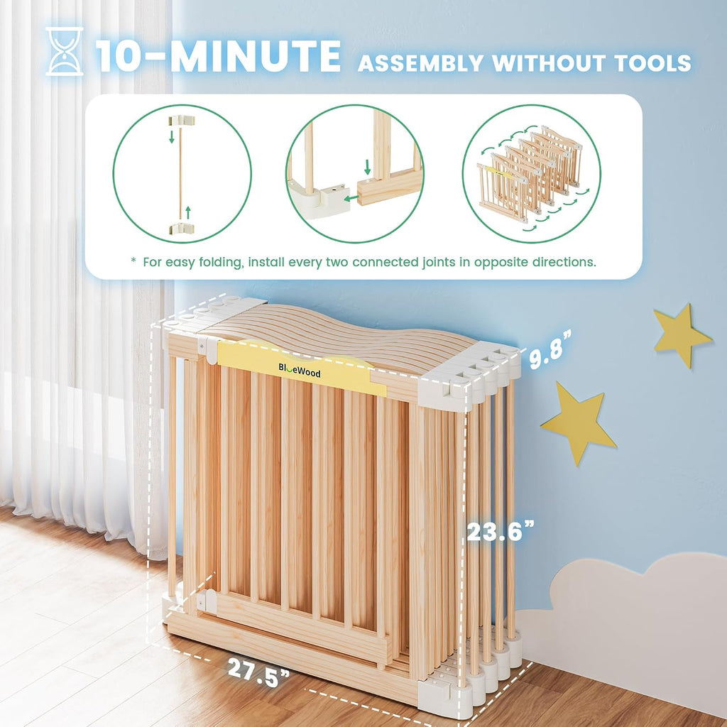 Foldable Wooden Playpen, Natural Pine, 30 x 30 x 24 inches