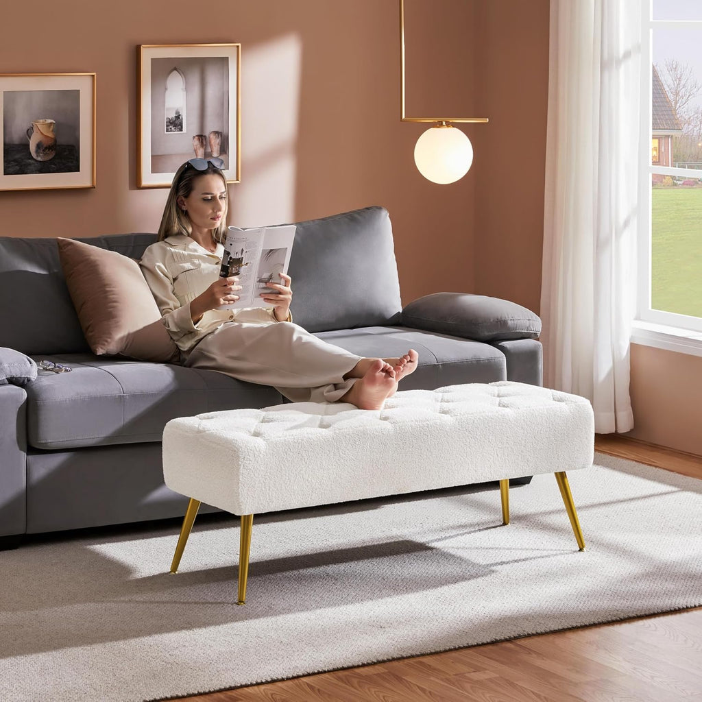 45in Boucle Ottoman Bench End of Bed, Ivory | Tufted Upholstered Bench Seat, Bed Bench with Tapered Gold Metal Legs