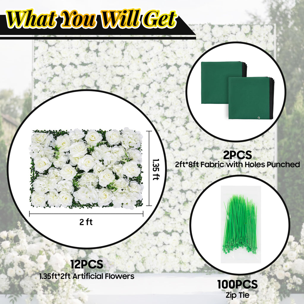 Artificial Flower Wall Backdrop 12-Pack 16"* 24" White Rose Artificial Floral Panels Spring Wedding Home Valentine's