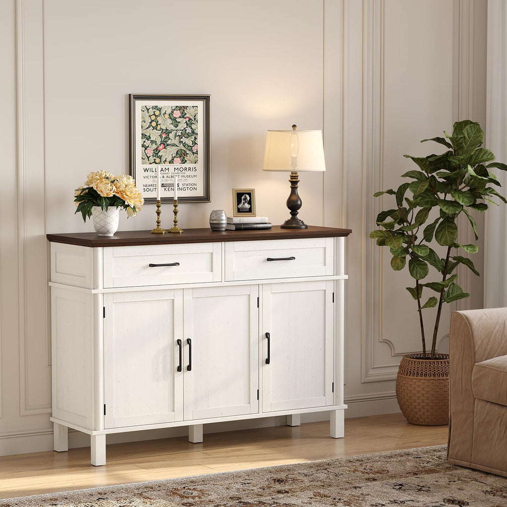 55 Inch Sideboard Buffet Cabinet with Storage, Off White & Walnut