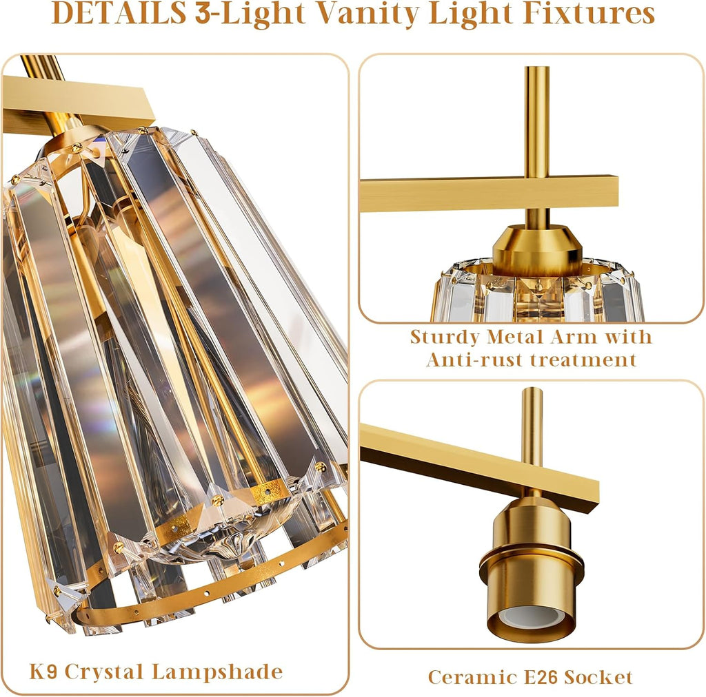 Crystal Bathroom Light Fixtures Over Mirror, Gold 3-Light Bathroom Vanity Lights Over Mirror Modern Wall Lighting