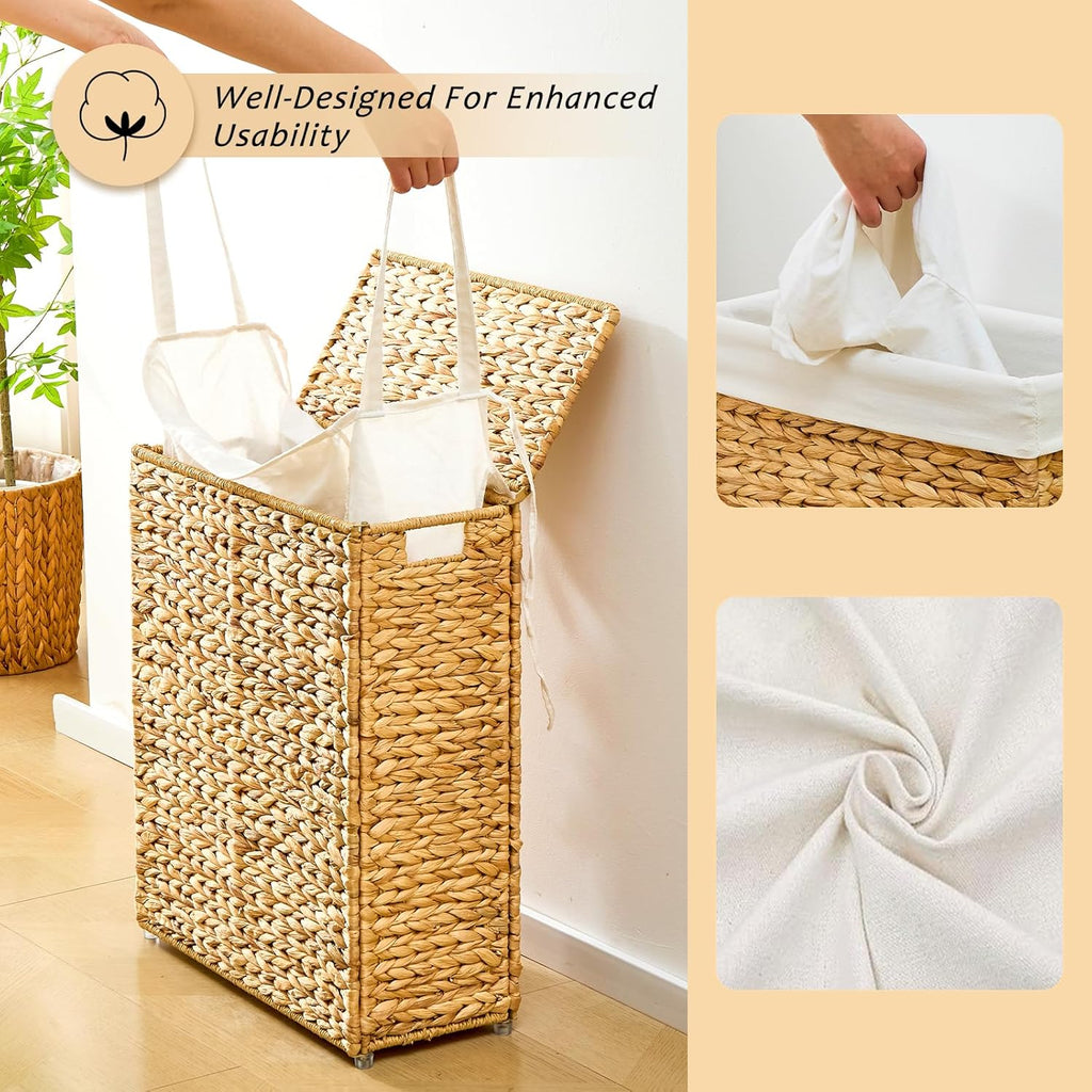 Handwoven Slim Laundry Hamper with Lid, Narrow Wicker Laundry Basket, Natural Water Hyacinth Basket and Handleswith