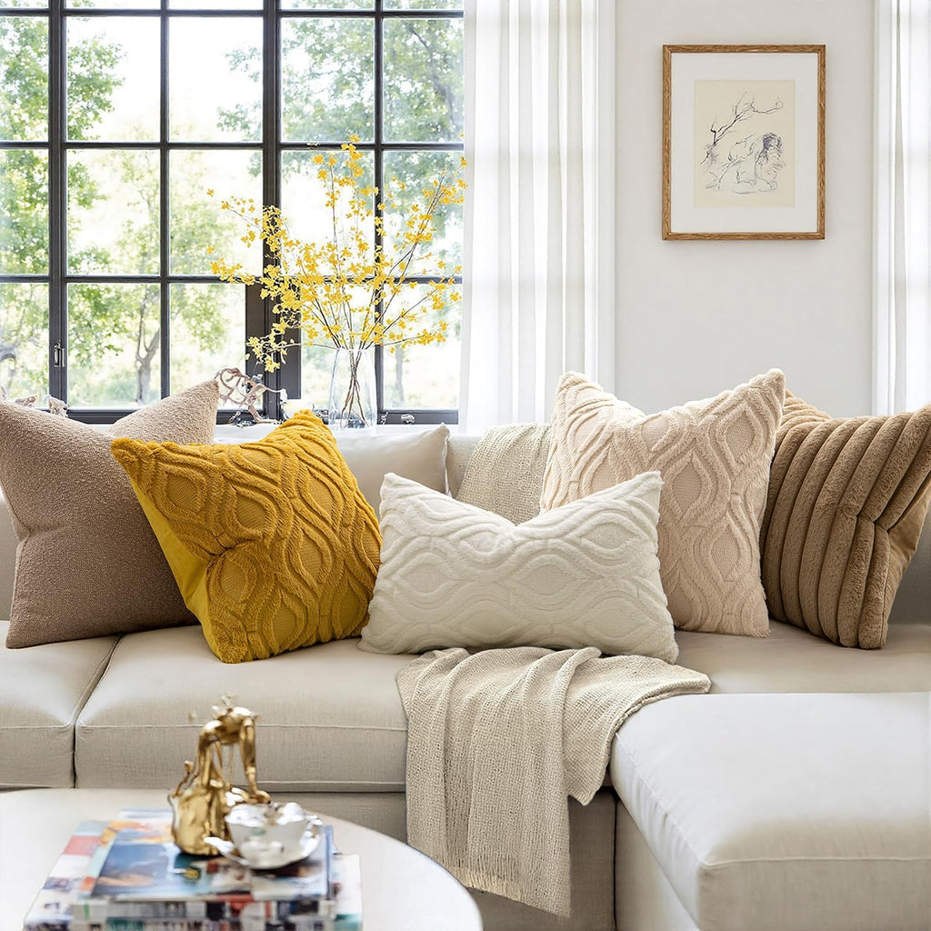 Summer Mustard Yellow Throw Pillow Covers 18x18 Inch, Soft Plush Faux Wool Solid Couch Pillows Set of 2, Decorative