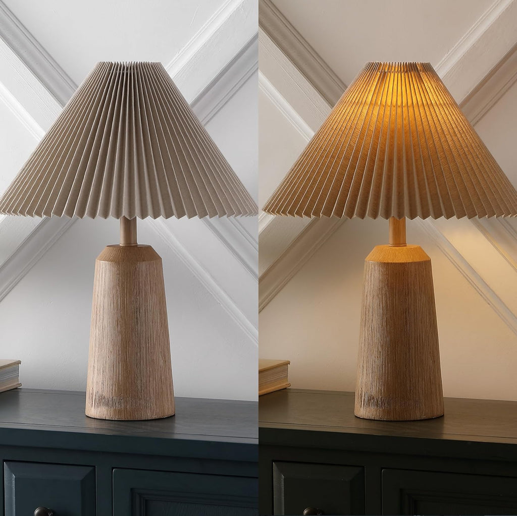20.5" Beige Wood Finish Resin Cylinder Table Lamp Modern Rustic Scandinavian Bedside Lamp Bedroom with Black Pleated