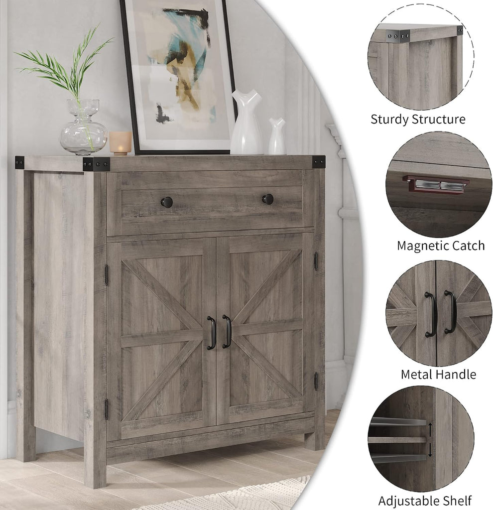Kitchen Storage Cabinet, Farmhouse Coffee Bar Cabinet, Ash Gray | Small Buffet Cabinet with Doors & Wide Drawer, Wood