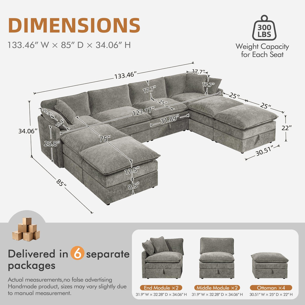 Modular Sectional Sofa Bed with Storage Ottomans, 135" Cloud Couch, 6-Seater Comfy Modern Couches with Pillows &