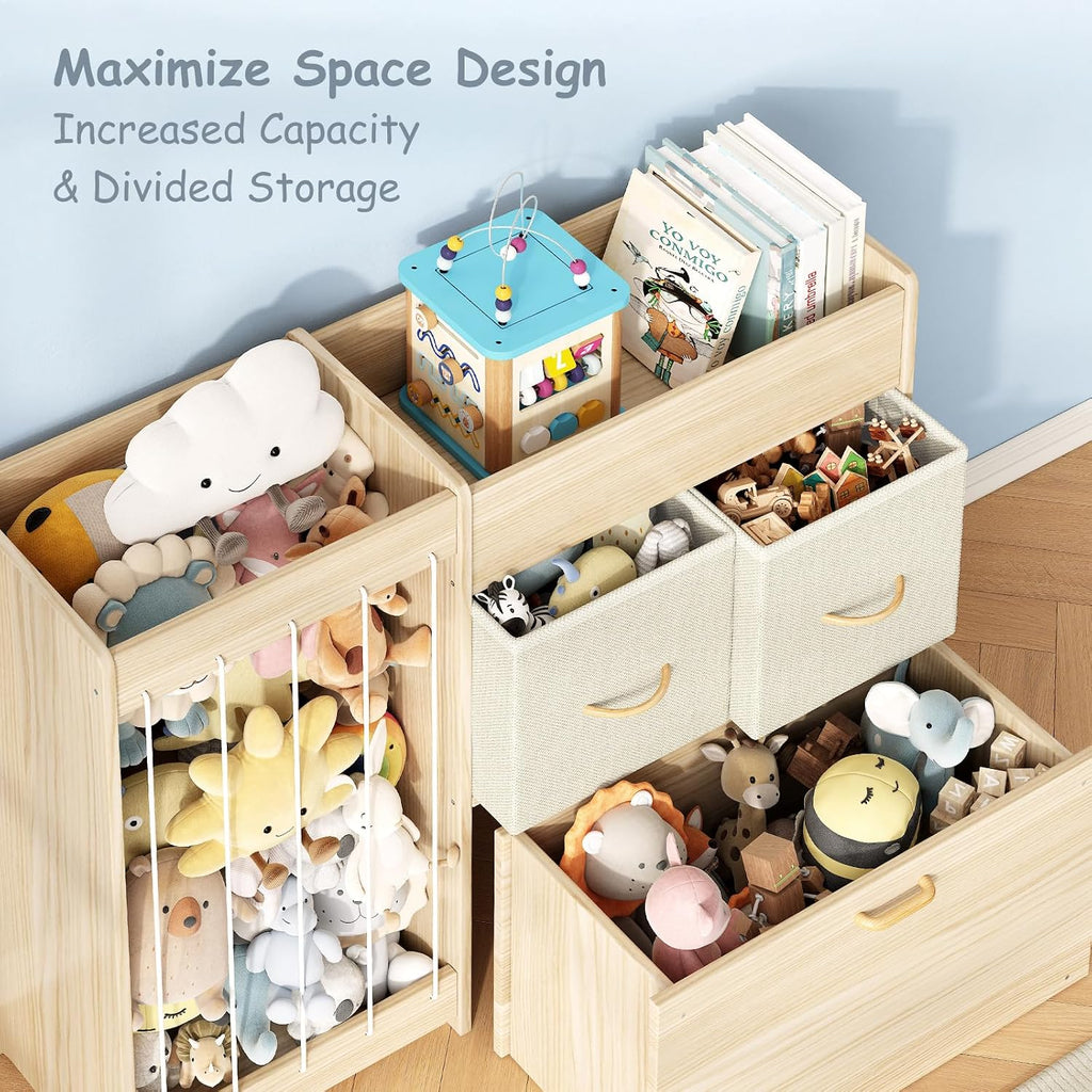 Toy Storage Organizer with Stuffed Animal Holder, Solid Wood Kids Toy Shelf with 2 Drawers, Rolling Toy Chest and Top