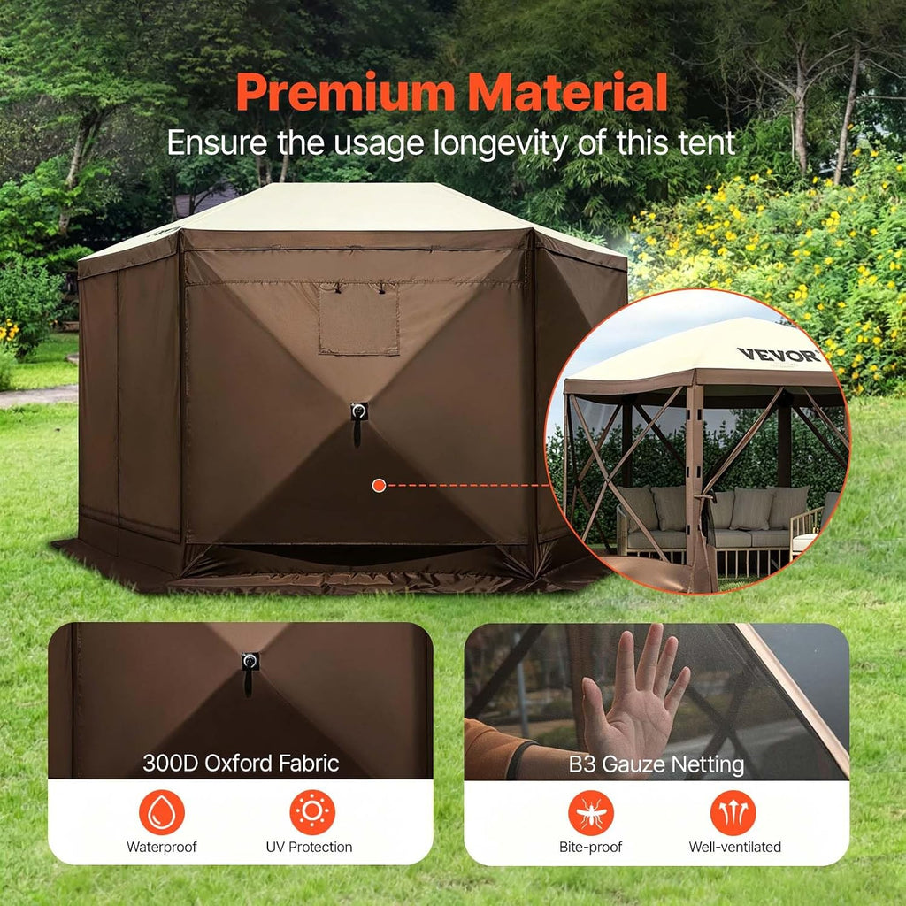 Camping Gazebo Screen Tent, 12x12ft, Brown/Beige | 6 Sided Pop-up Canopy, Mesh Windows, Portable Carry Bag & Stakes