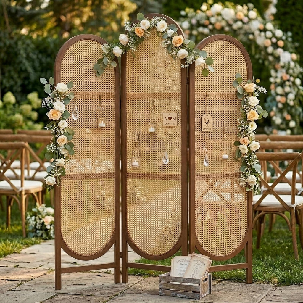 3 Panel Rattan Room Divider Screen, Boho Folding Privacy Screen