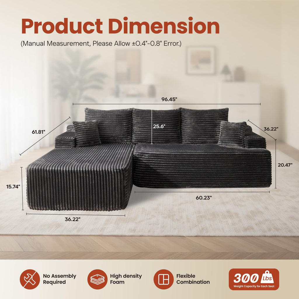 96" Cloud Sectional Couch with L-Shape Chaise, Modern Modular Sofa with Deep Seat, Upholstered Couches Bedroom, No