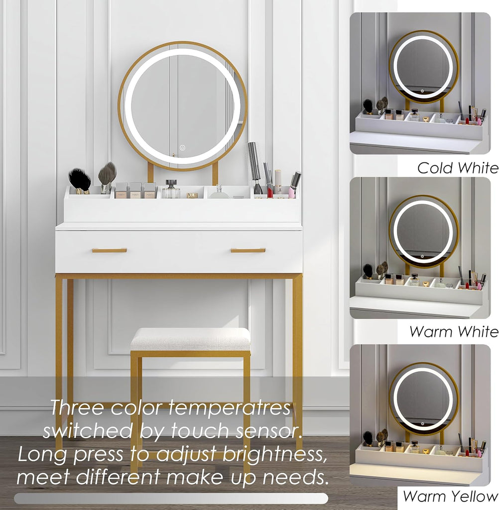 Makeup Vanity Desk with Mirror and Lights, Makeup Vanity Set with Drawers, Small Dressing Up Table, 3 Lighting Modes