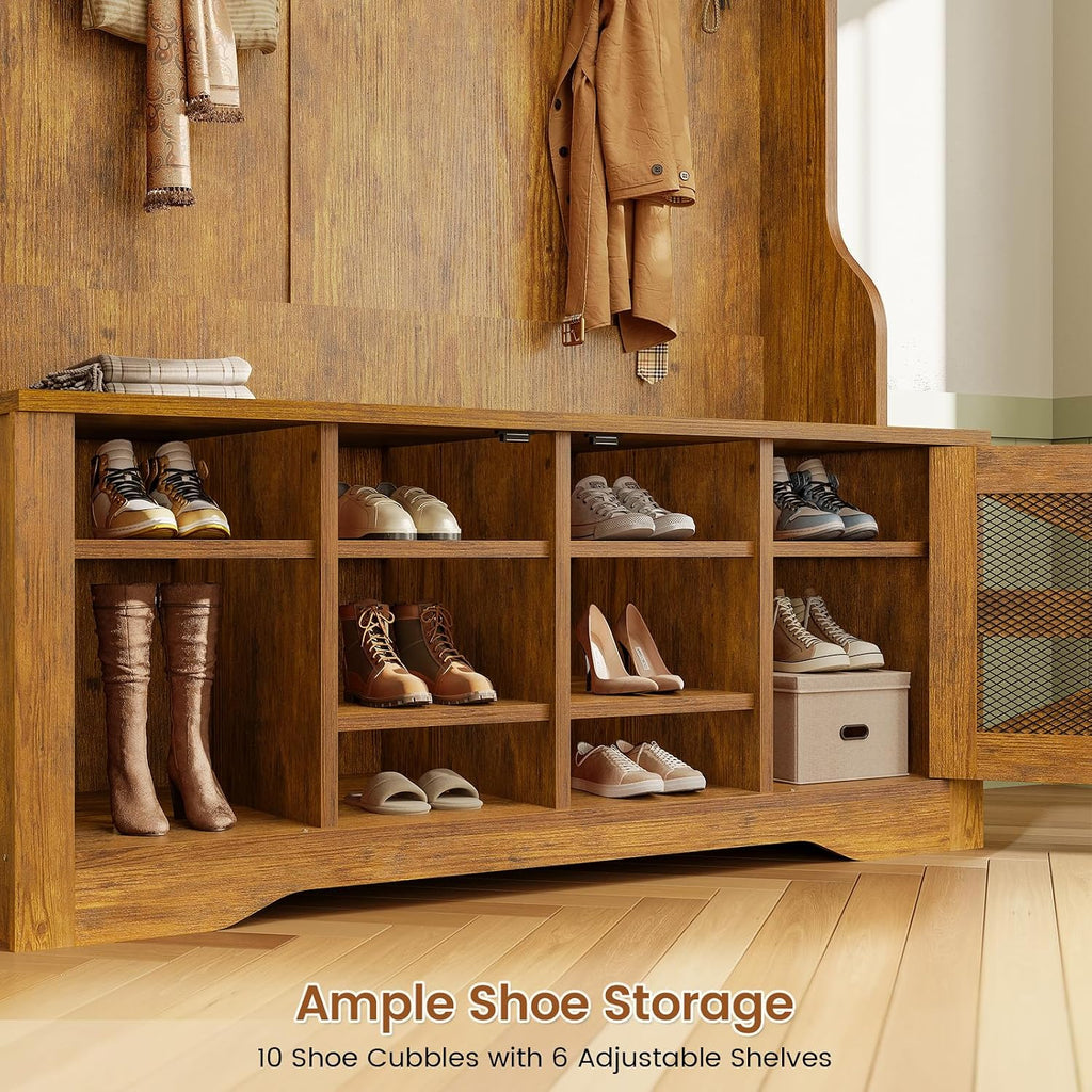 Hall Tree with Bench and Shoe Storage, 5-in-1 Entryway Bench with Coat Rack, 10 Shoe Cubbies & 9 Coat Hooks, Barn