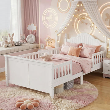 Twin Kids Bed Frame with Full-Length Guardrails, Low Profile Wood Platform Bed with Headboard & Footboard, Removable