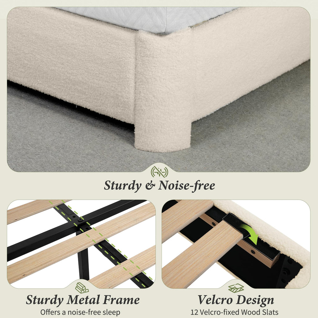 Queen Size Platform Bed Frame, Boucle Upholstered Bed with Adjustable Headboard, Wood Slats, No Box Spring Required