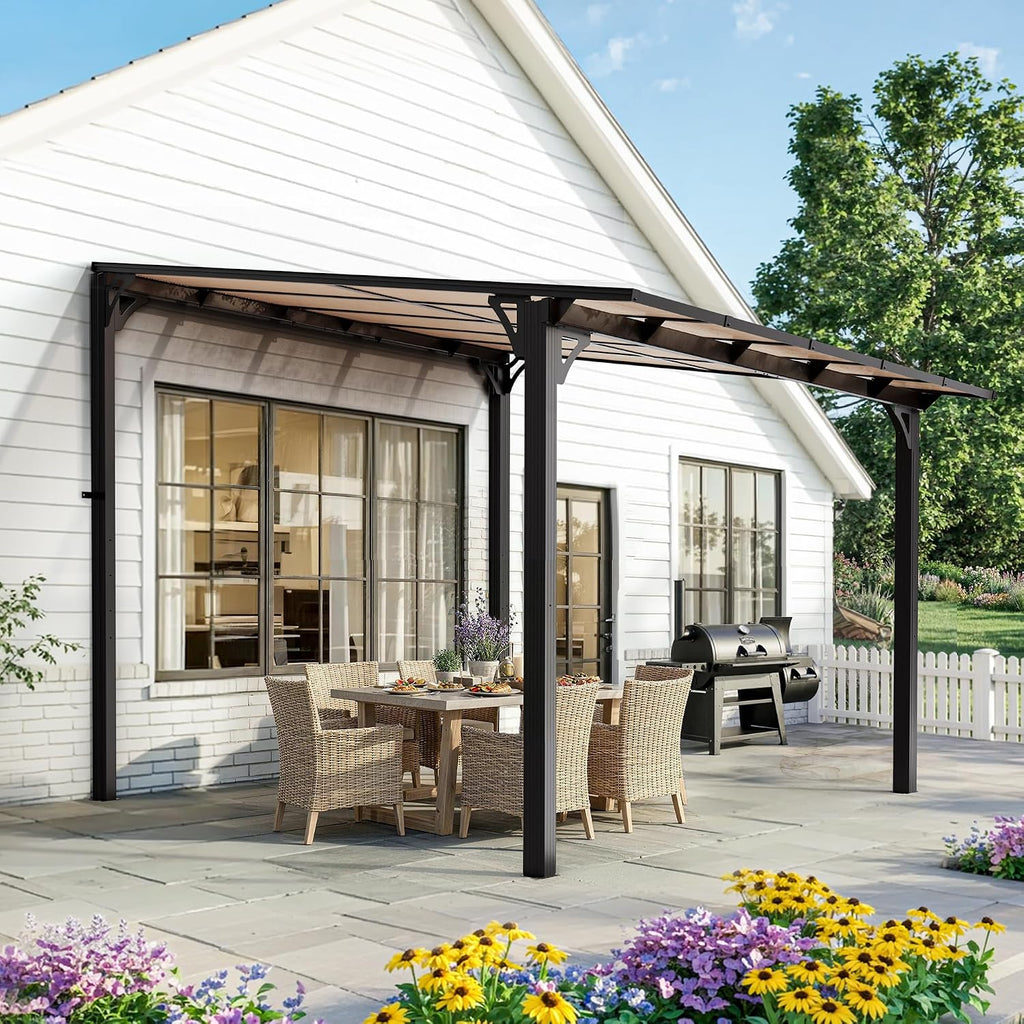 10x10FT Wall Mounted Gazebo, Hardtop Lean to Gazebo with Aluminum Frame & UV Resistant Polycarbonate Roof