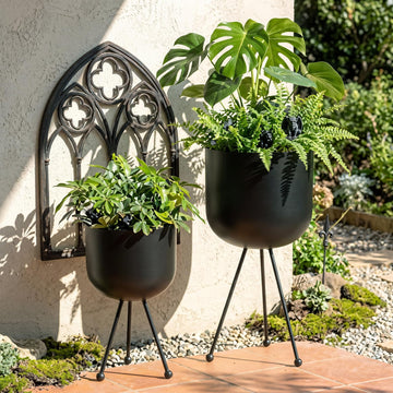 2 Pack Mid Century Modern Metal Planter with Stand, Black