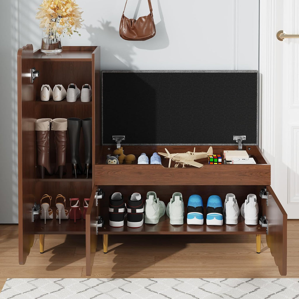 Shoe Organizer Cabinet,Entryway Bench with Adjustable Shelves and Cushioned Seat,Unique L-Shaped Bench Cabinet