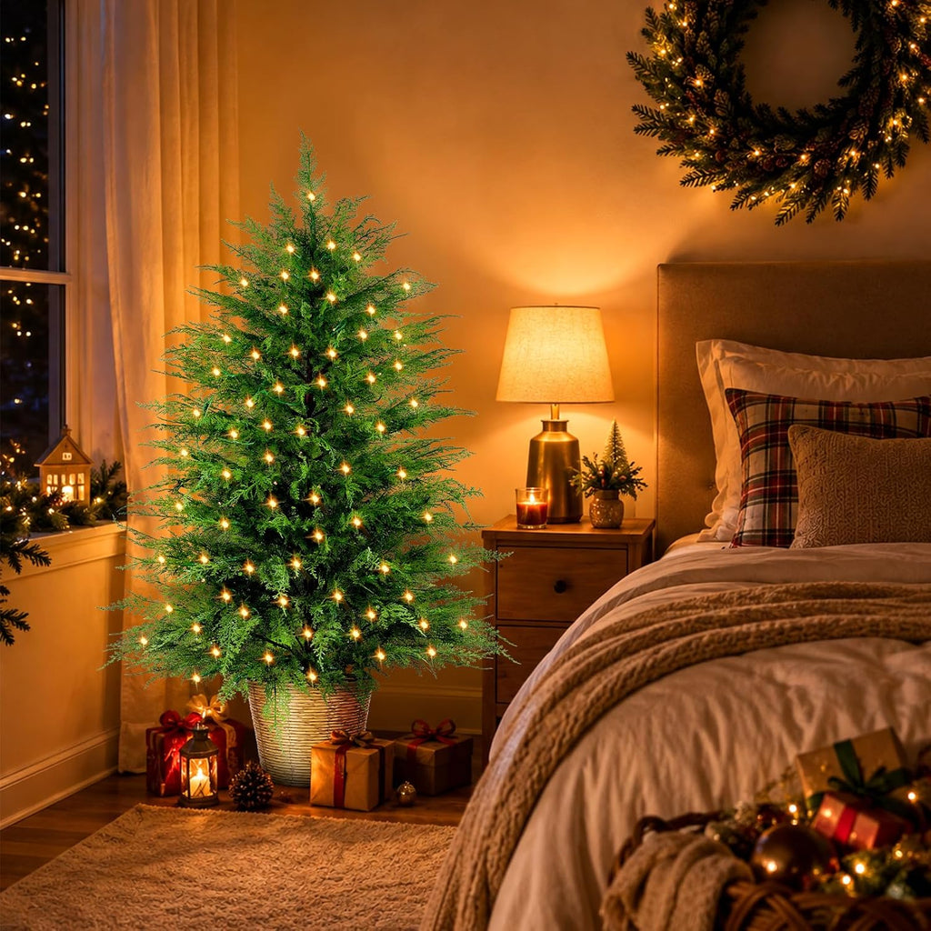 Prelit Artificial Cedar Christmas Tree with Lights Plug in Power, 3 to 5 ft, Faux Cedar Potted Christmas Tree in Decorative