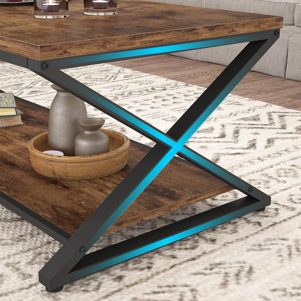 Wood Coffee Table with Storage, Farmhouse Rustic Brown Coffee Table, Modern Minimalist 2 Tier Center Table