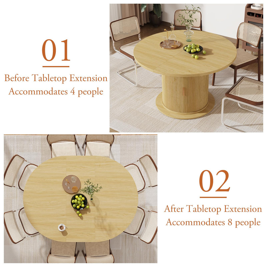 47-63in Extendable Round Dining Table for 4-8, Modern Kitchen Oval Dining Table with 2-Layer Storage Shelf, Wood