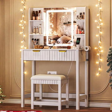 Vanity Desk with LED Mirror, 3 Lighting Modes and Chair | Small Makeup Vanity Table Set with Fluted Drawers, Dressing