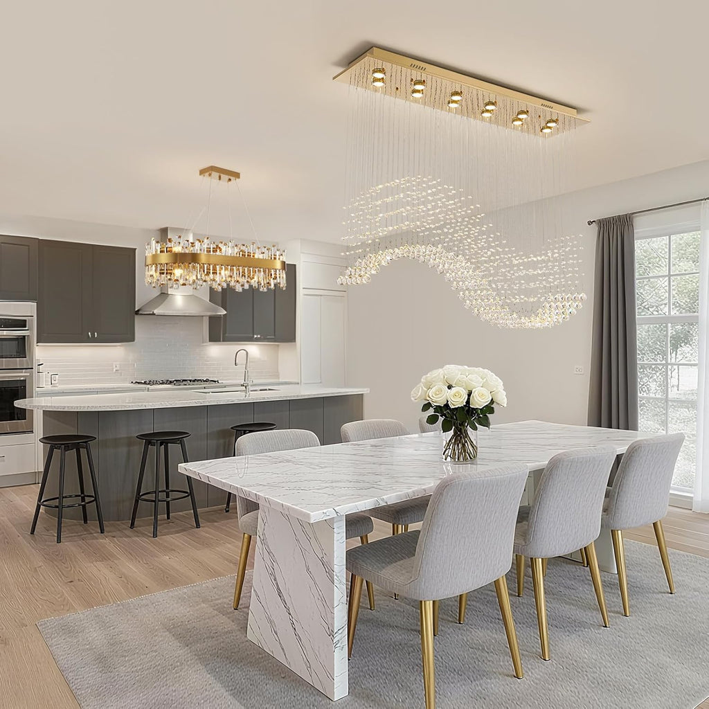 12-Lights Modern Crystal Chandeliers, Luxury Wave Raindrop Crystal Pedant Light Fixture, Rectangular Flush Mount