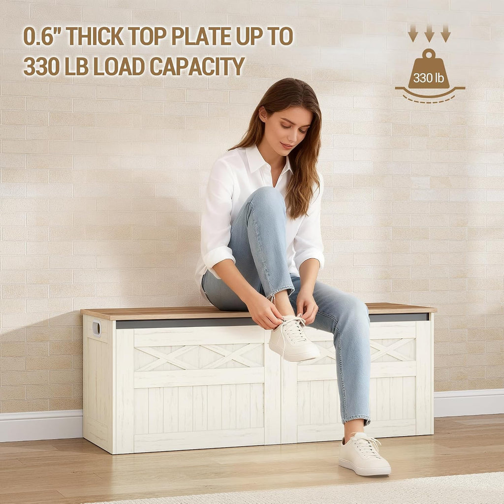 47" Storage Bench, Lift Top,210L/55 Gal Large Storage Chest | | 330lb Load Capacity, Retro White, Farmhouse Style
