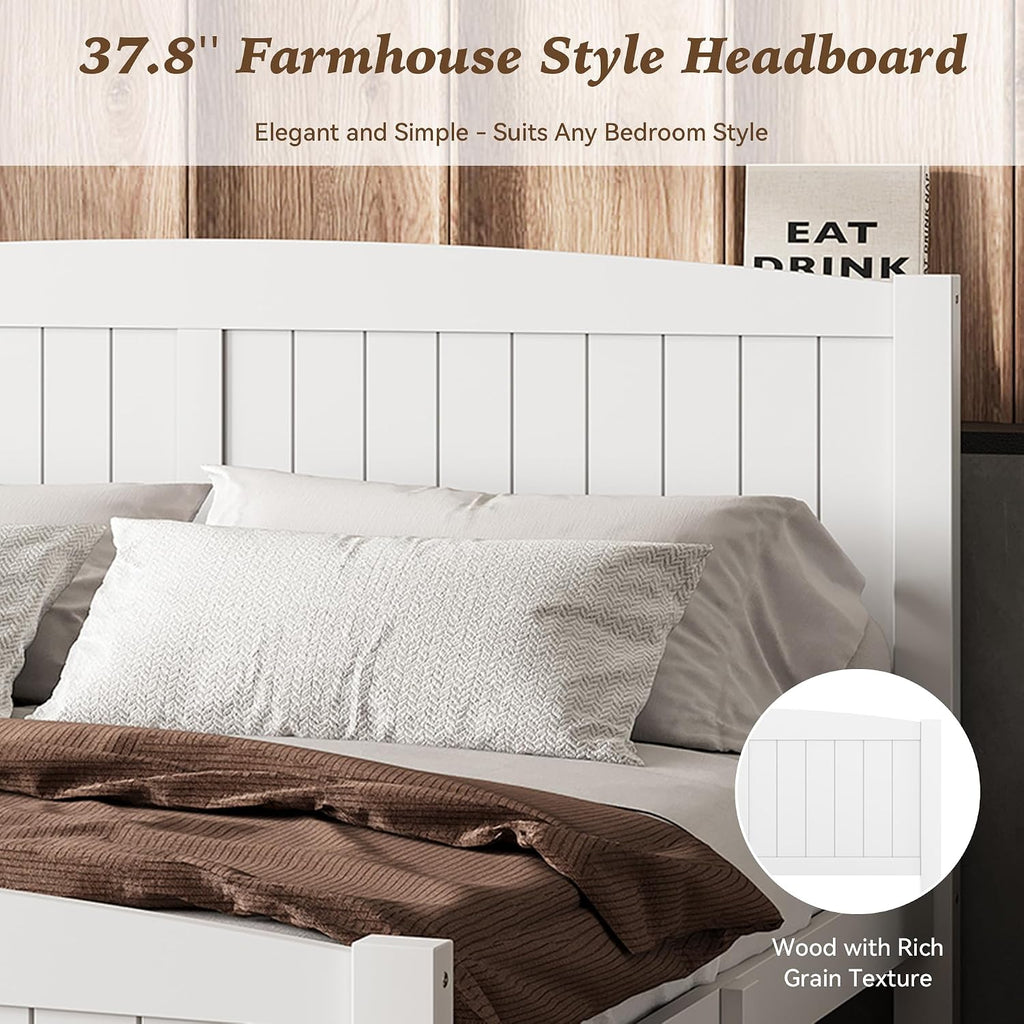 Full Farmhouse Bed Frame with Headboard & Footboard, White Mid-Century Modern Platform Bed Full, Vintage Solid Wood