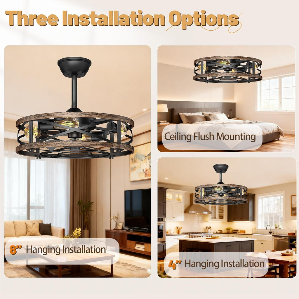 20in Caged Ceiling Fan with Lights, Low Profile Ceiling Fan
