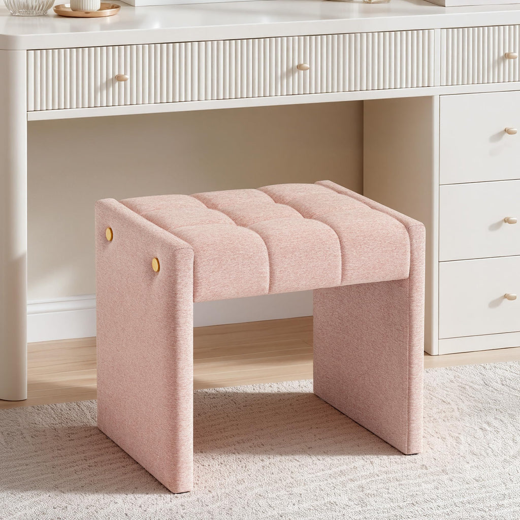 Modern Grid Tufted Vanity Bench Stool, 4.33'' Thick Chenille Upholstered Ottoman Footstool for Makeup Room, Bedroom &