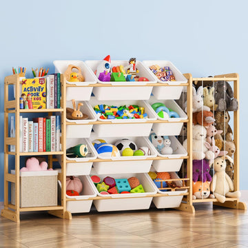 Toy Storage Organizer with Bookshelf and Stuffed Animal Storage - Kids Playroom Organization with Shelves and 12 Toy