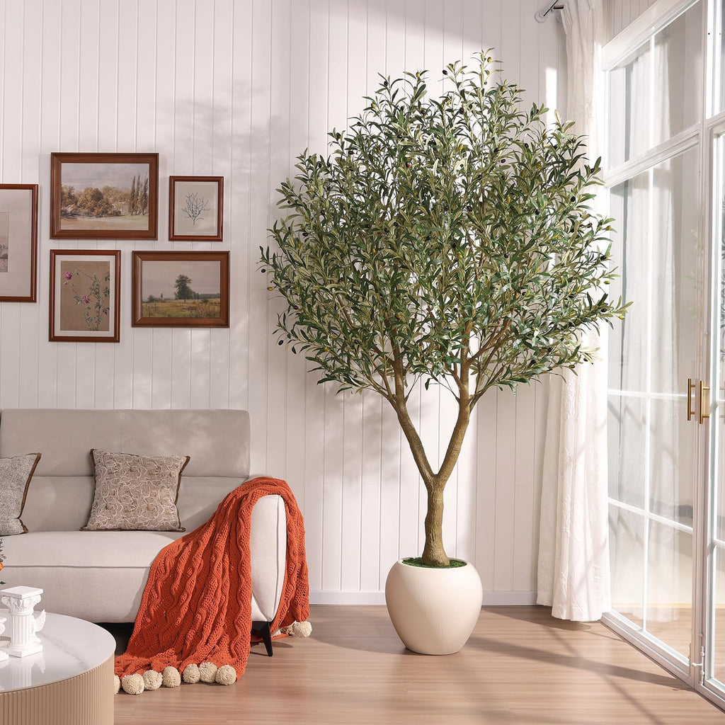 8FT Olive Trees Artificial Indoor with 15in White Round Planter