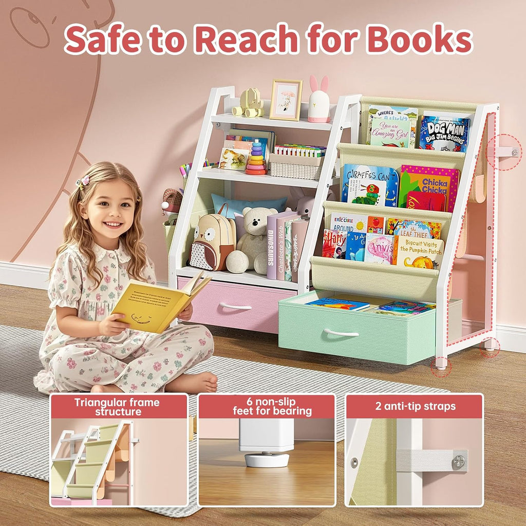 3 Tier Kids Bookshelf and Toy Organizer | 32.4"x11.8"x29.9", 3 Sling Pockets, 2 Bottom Drawers, Large Capacity Bins