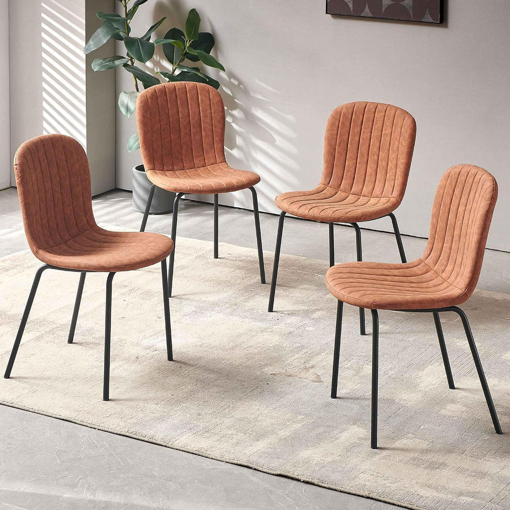 Dining Chair Set of 4, Upholstered PU Leather Seat with Black Metal Legs,Modern Comfortable Kitchen Chair, Curved