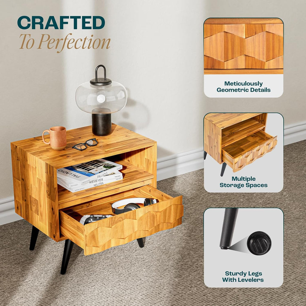 Georgina Solid Wood Nightstand With 1 Drawer & Open Shelf- Fully Assembled Mid Century Modern Side Table - Geometric