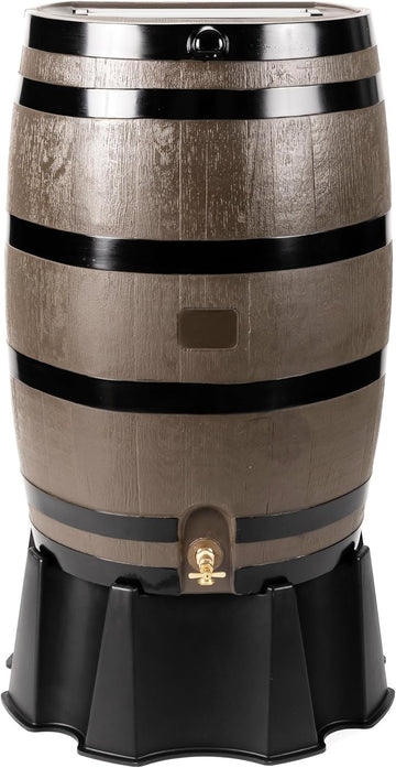 50-Gallon Rain Barrel, Flat Back Rain Water Collection Barrel, Stand Included, Woodgrain with Black Stripes
