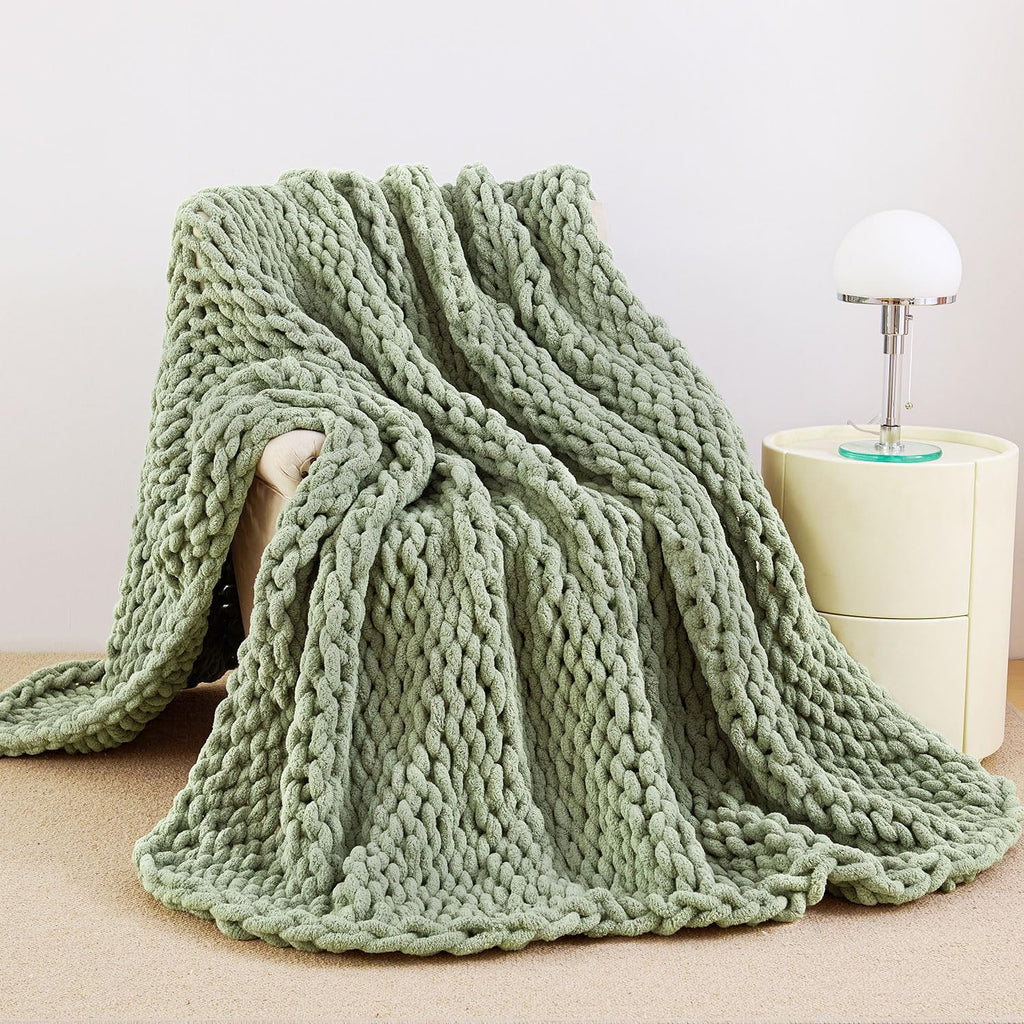 Chunky Knit Blanket Throw, 100% Hand Knit Chenille Throw Blanket, Soft and Cozy Knitted Throw Blankets (Sage