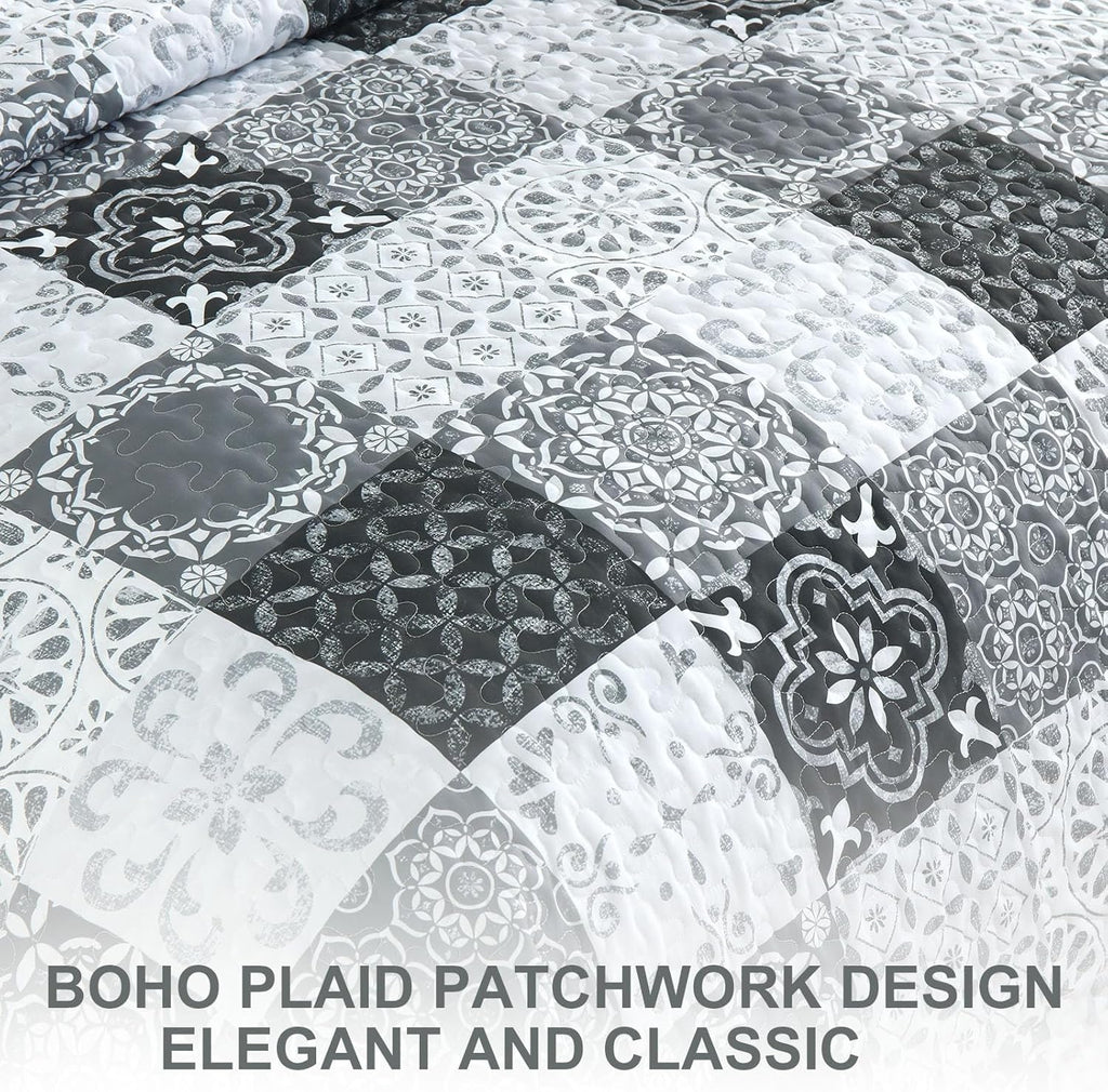 Grey Black Quilt Set, Boho Plaid Patchwork Bedspreads Coverlet Set, 3 Pieces Soft Lightweight Microfiber